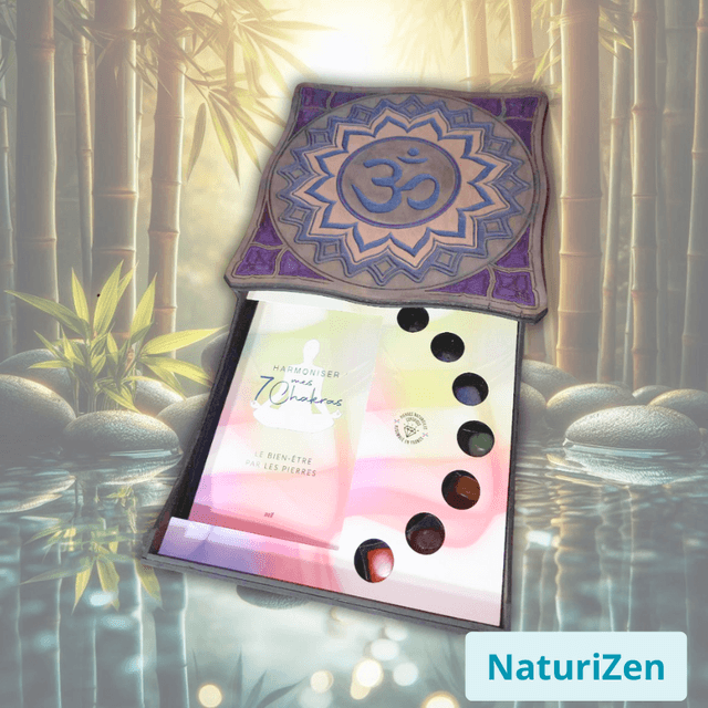 Coffret Équilibre Chakras - Boîte en Bois Gravée OM + livre + 7 pierres naturelles certifiées et un pochon