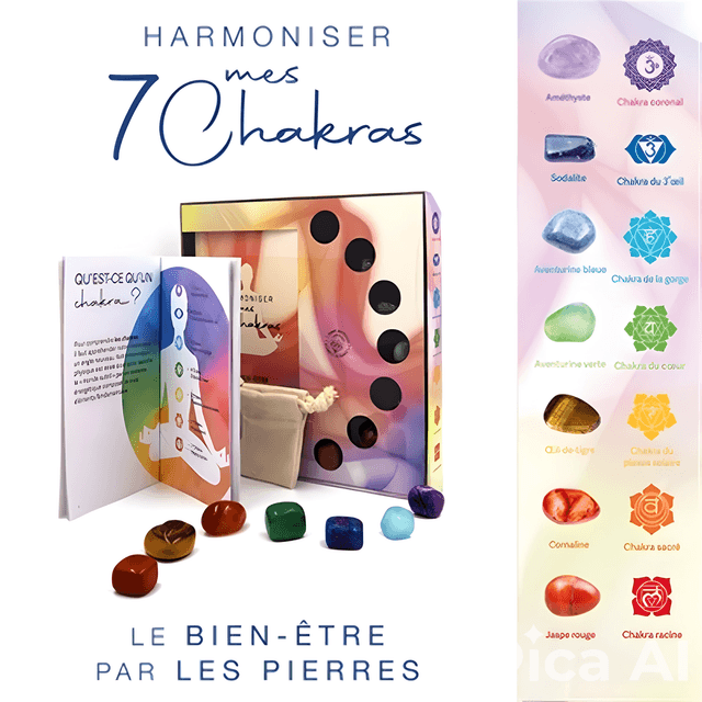 Coffret Équilibre Chakras - Boîte en Bois Gravée OM + livre + 7 pierres naturelles certifiées et un pochon