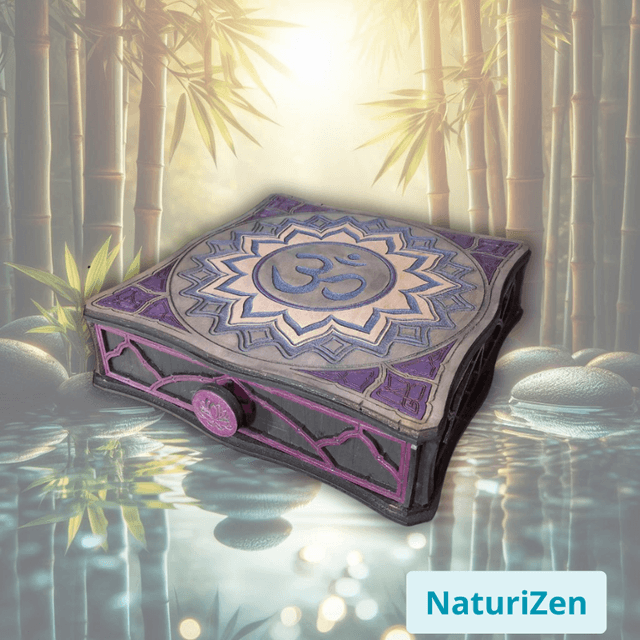 Coffret Équilibre Chakras - Boîte en Bois Gravée OM + livre + 7 pierres naturelles certifiées et un pochon